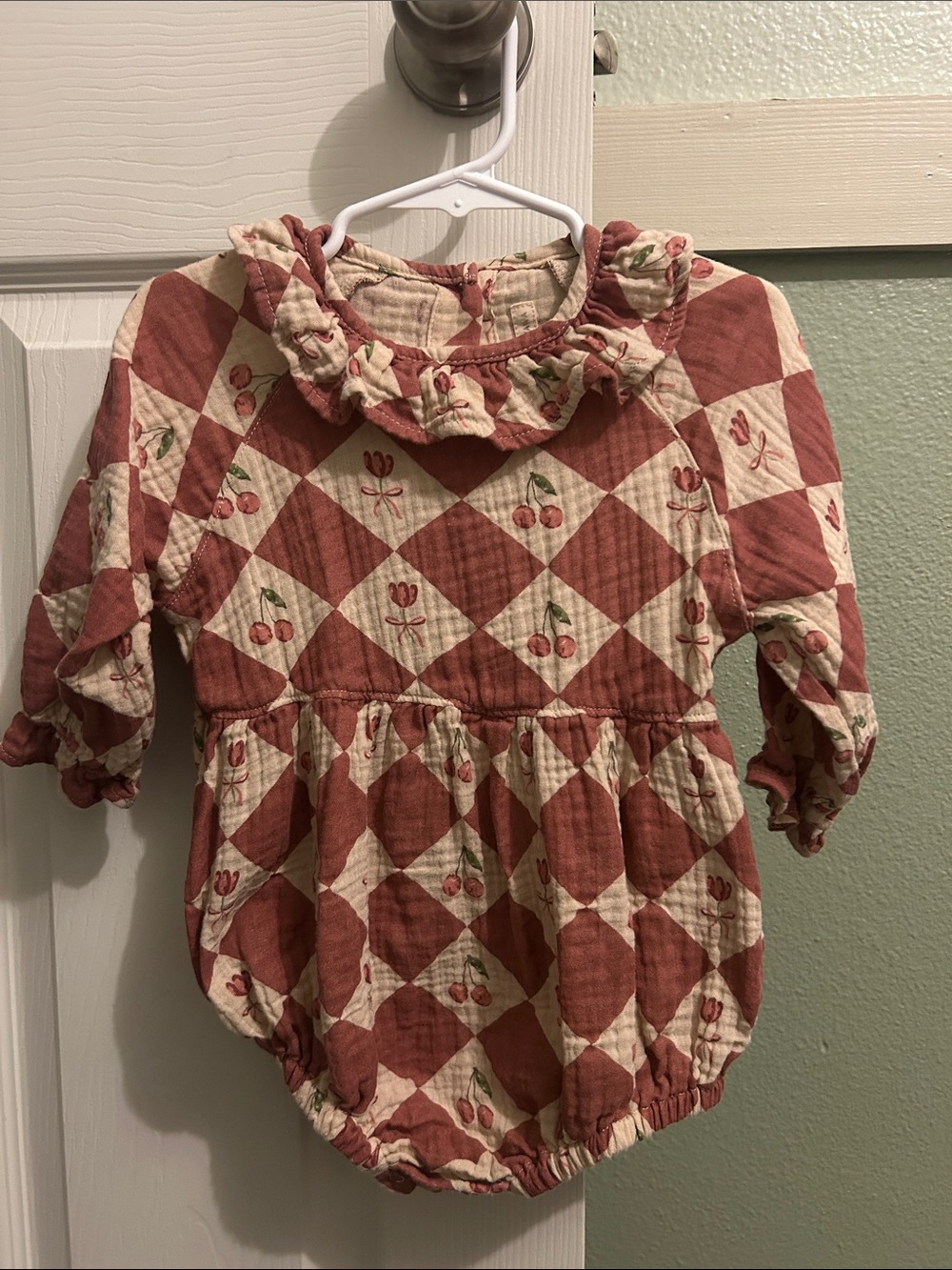 Rust & Cream Cherry Print Baby One-Piece Bodysuit with Ruffle Collar